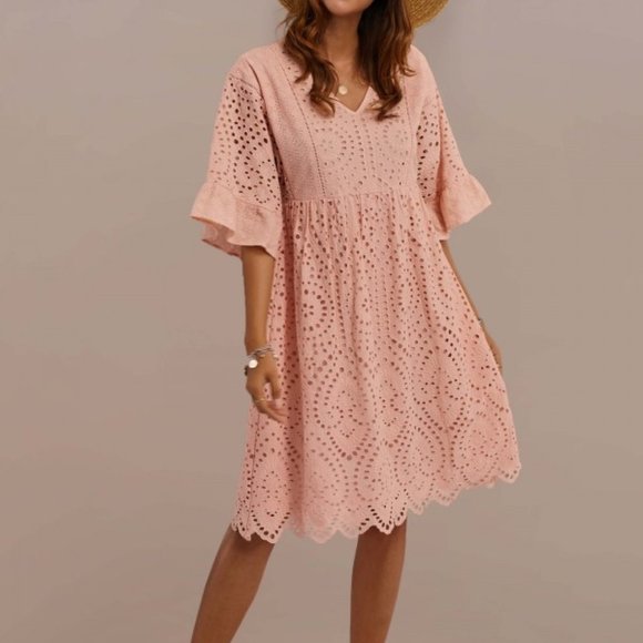 Blush 3/4 Length Bell Sleeve V Neck Gathered Waist Cotton Midi Mom Dress - Picture 1 of 1